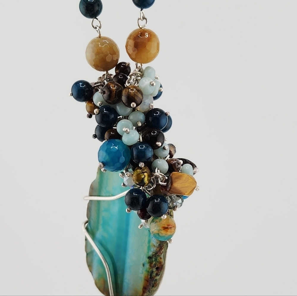 AGATE, AMAZONITE & TIGERS EYE GENUINE GEMSTONE NECKLACE HANDMADE STERLING SILVER - Picture 9 of 14